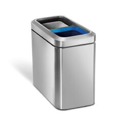 simplehuman 20 Liter / 5.3 Gallon Dual Compartment Recycling Can, Slim Open Top Office Trash Can, Commercial Grade Heavy Gauge Small Trash Can, Brushed Stainless Steel
