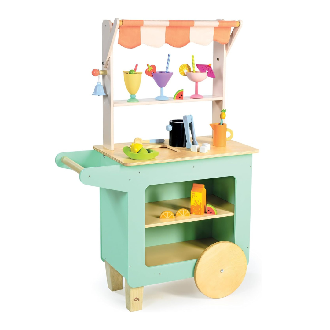 Tender Leaf Toys - Drinks Trolley - Colorful Wooden Mocktail Bar Play Set on Wheels - Interactive Stand with 27 Accessories for Boys and Girls - Encourages Imaginative Play and Social Skills - Age 3+