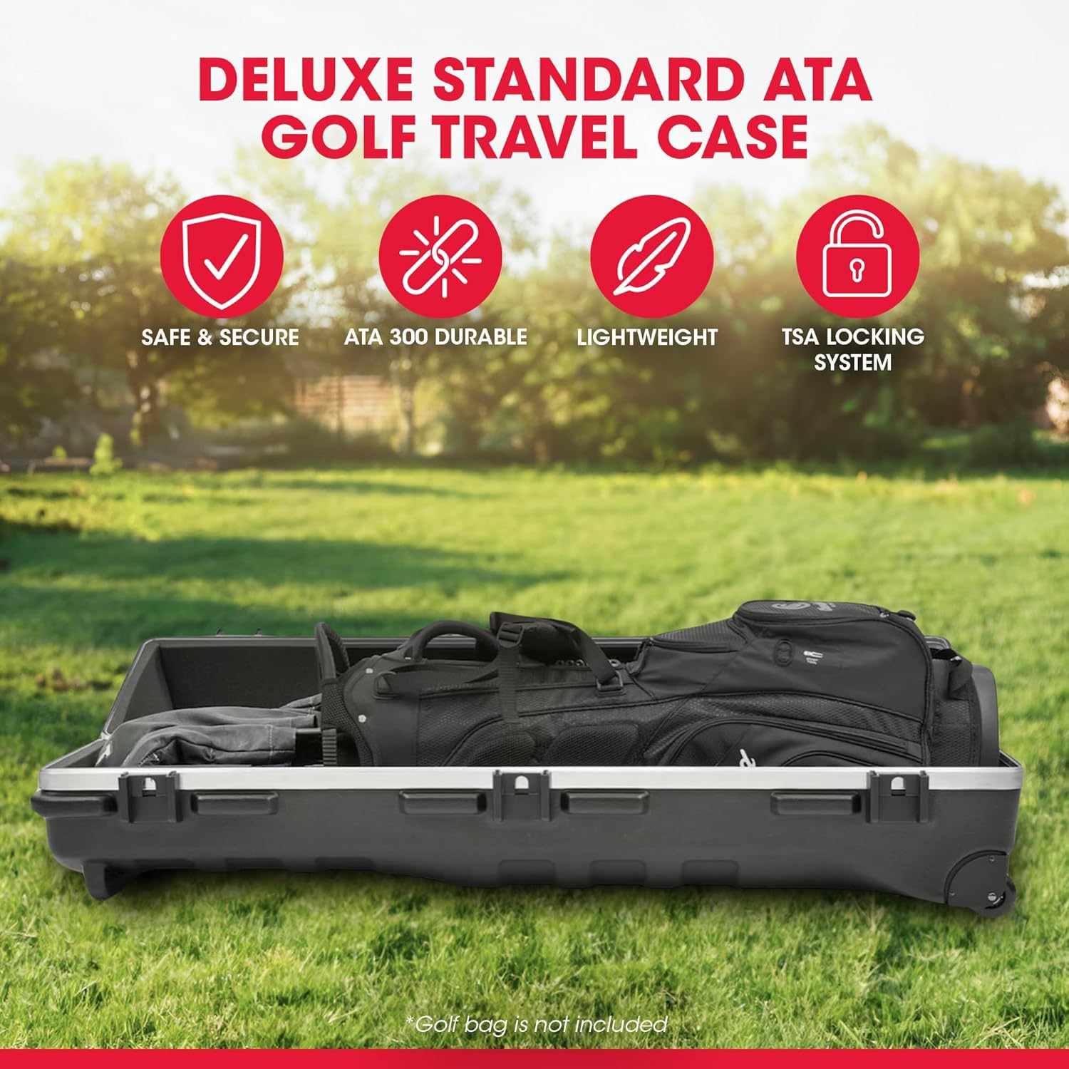 SKB Staff ATA Hard Shell Plastic Golf Travel Case for Cart Bags with Wheels - Heavy-Duty Rolling Club and Driver Carrier for Airline Transport, Impact-Resistant with TSA Locking Latches