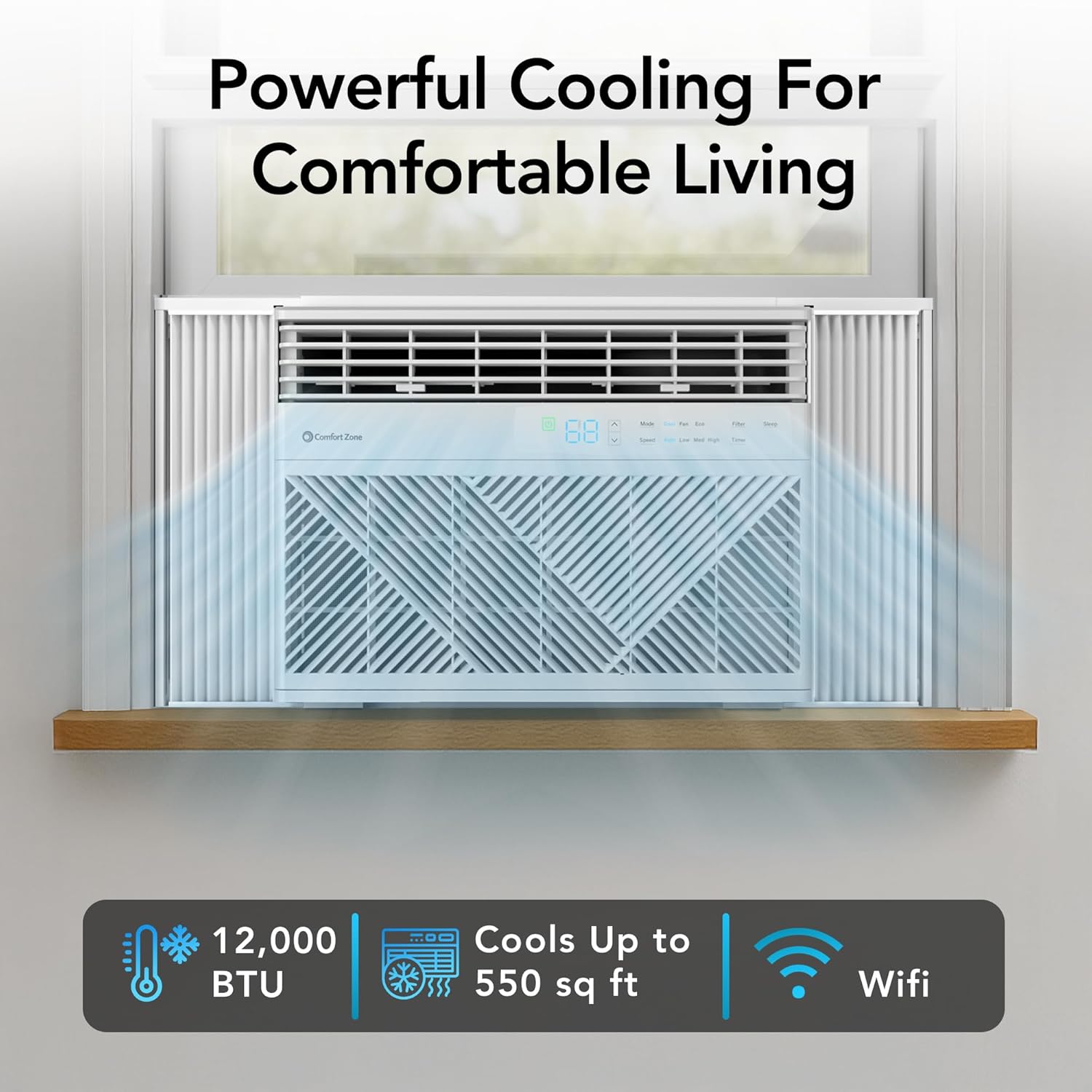 Comfort Zone Window Mounted Smart Wi-Fi Room Air Conditioner with Remote Control, 12,000 BTU