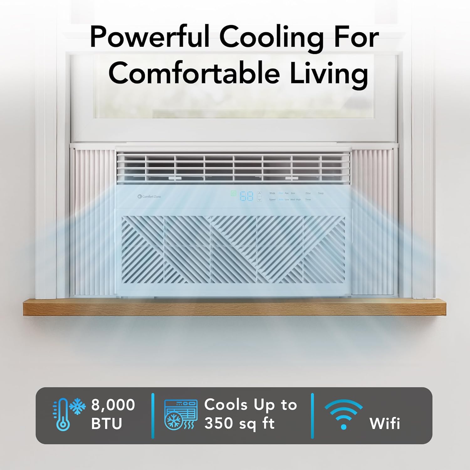 Comfort Zone Window Mounted Smart Wi-Fi Room Air Conditioner with Remote Control, 8,000 BTU