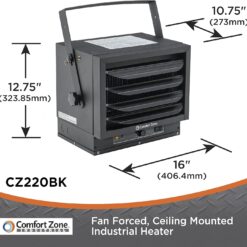 Comfort Zone Hard-Wired Ceiling Mount Garage Electric Space Heater, Fan-Forced, 5,000 watt, 240 volt, CZ220BK