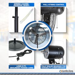 Comfort Zone Industrial Pedestal Fan, 30 inch, 3 Speed, High Velocity, Adjustable Height 56” to 76”, Metal