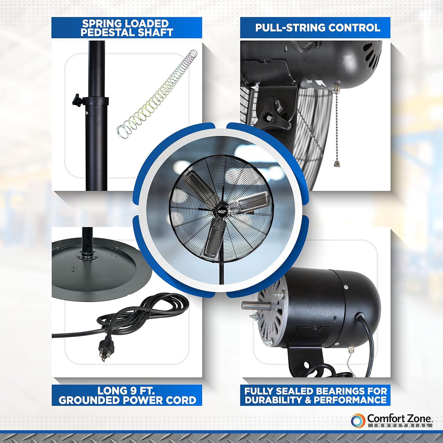 Comfort Zone Industrial Pedestal Fan, 30 inch, 3 Speed, High Velocity, Adjustable Height 56” to 76”, Metal