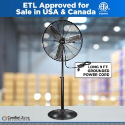 Comfort Zone Industrial Pedestal Fan, 30 inch, 3 Speed, High Velocity, Adjustable Height 56” to 76”, Metal