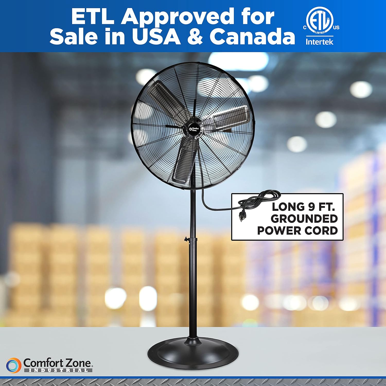 Comfort Zone Industrial Pedestal Fan, 30 inch, 3 Speed, High Velocity, Adjustable Height 56” to 76”, Metal