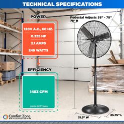 Comfort Zone Industrial Pedestal Fan, 30 inch, 3 Speed, High Velocity, Adjustable Height 56” to 76”, Metal