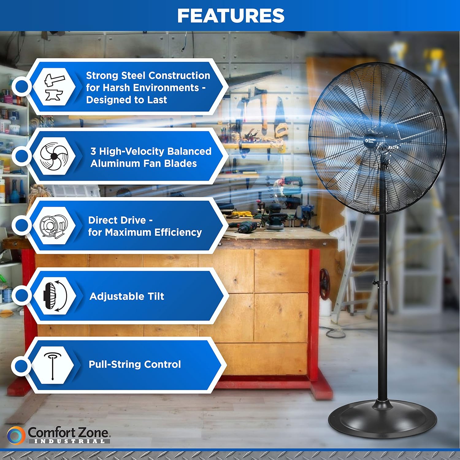 Comfort Zone Industrial Pedestal Fan, 30 inch, 3 Speed, High Velocity, Adjustable Height 56” to 76”, Metal