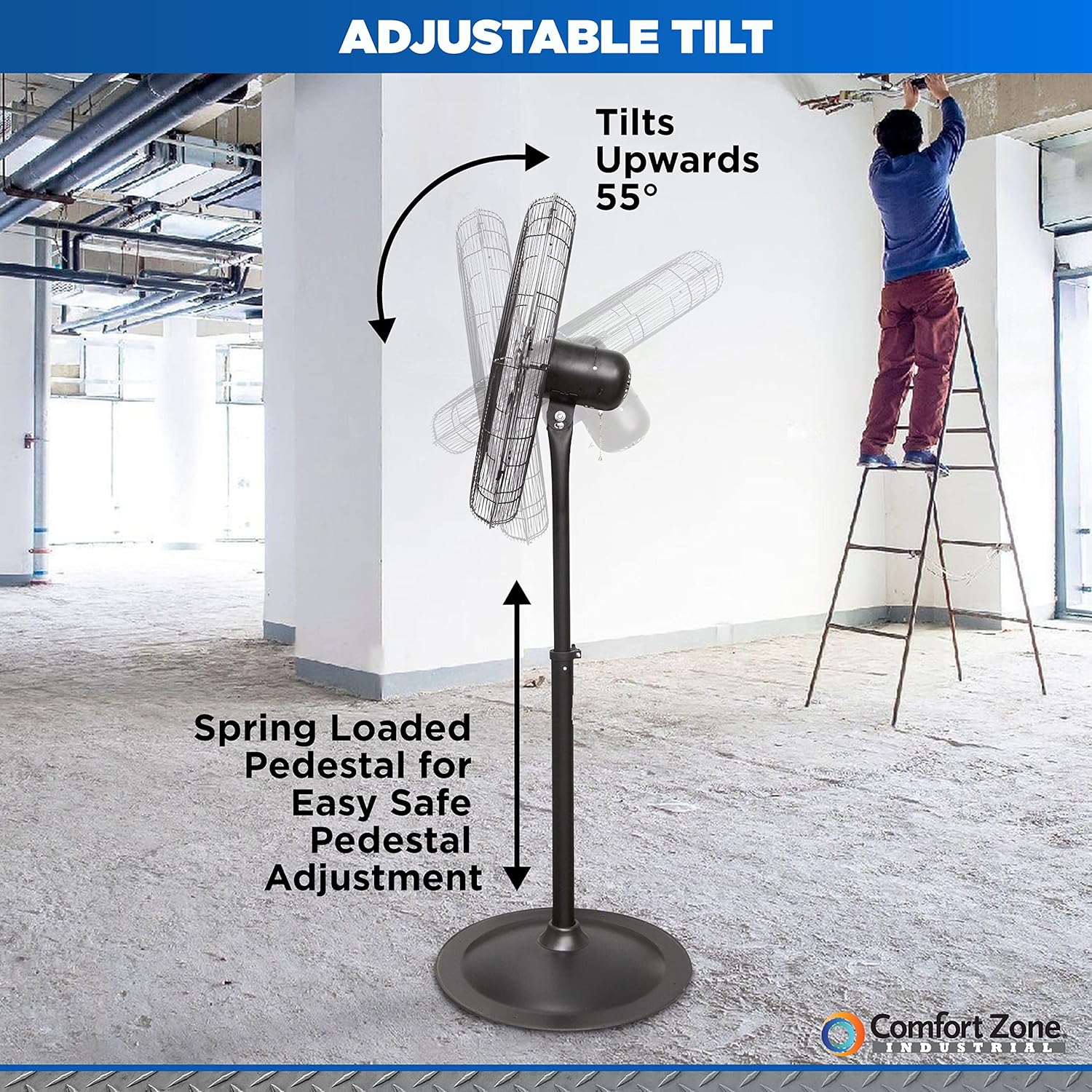 Comfort Zone Industrial Pedestal Fan, 30 inch, 3 Speed, High Velocity, Adjustable Height 56” to 76”, Metal