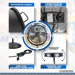 Comfort Zone 20-Inch High-Velocity Industrial Pedestal Fan – Heavy-Duty All-Metal Shop Fan with Aluminum Blades