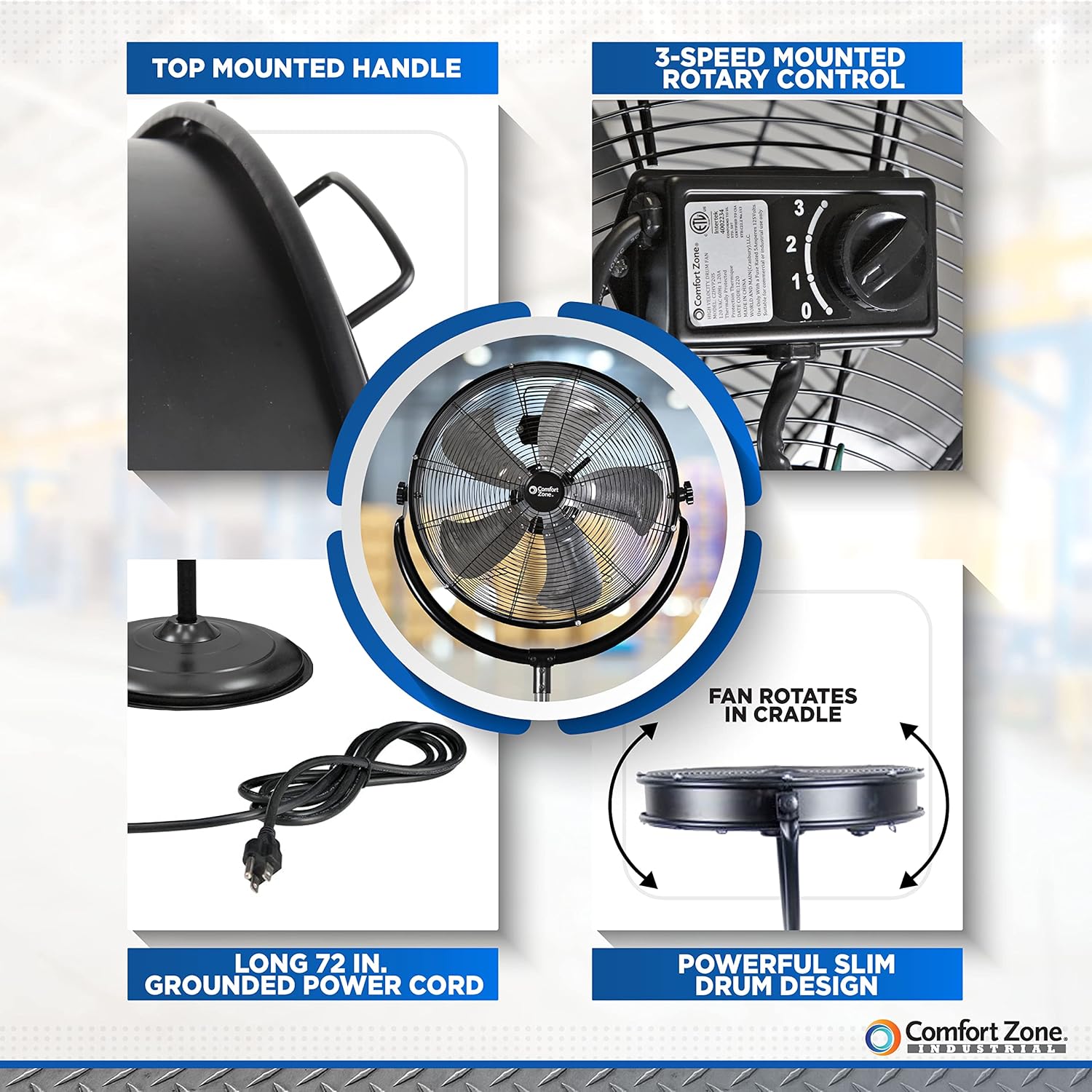 Comfort Zone 20-Inch High-Velocity Industrial Pedestal Fan – Heavy-Duty All-Metal Shop Fan with Aluminum Blades