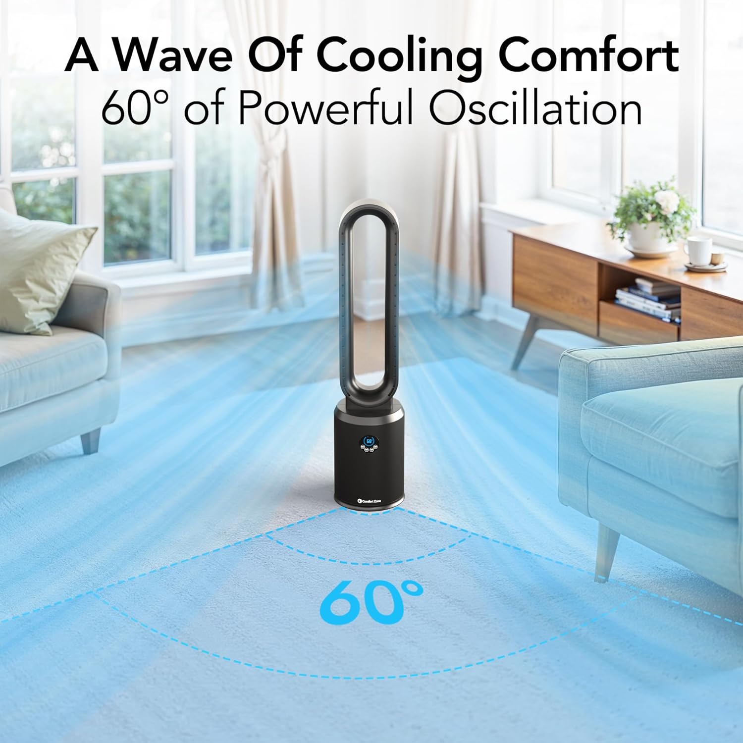 Comfort Zone 40-Inch Bladeless Tower Fan for Bedroom, 3-Speed Stand Fan with Remote Control, 9-Hour Timer, Black