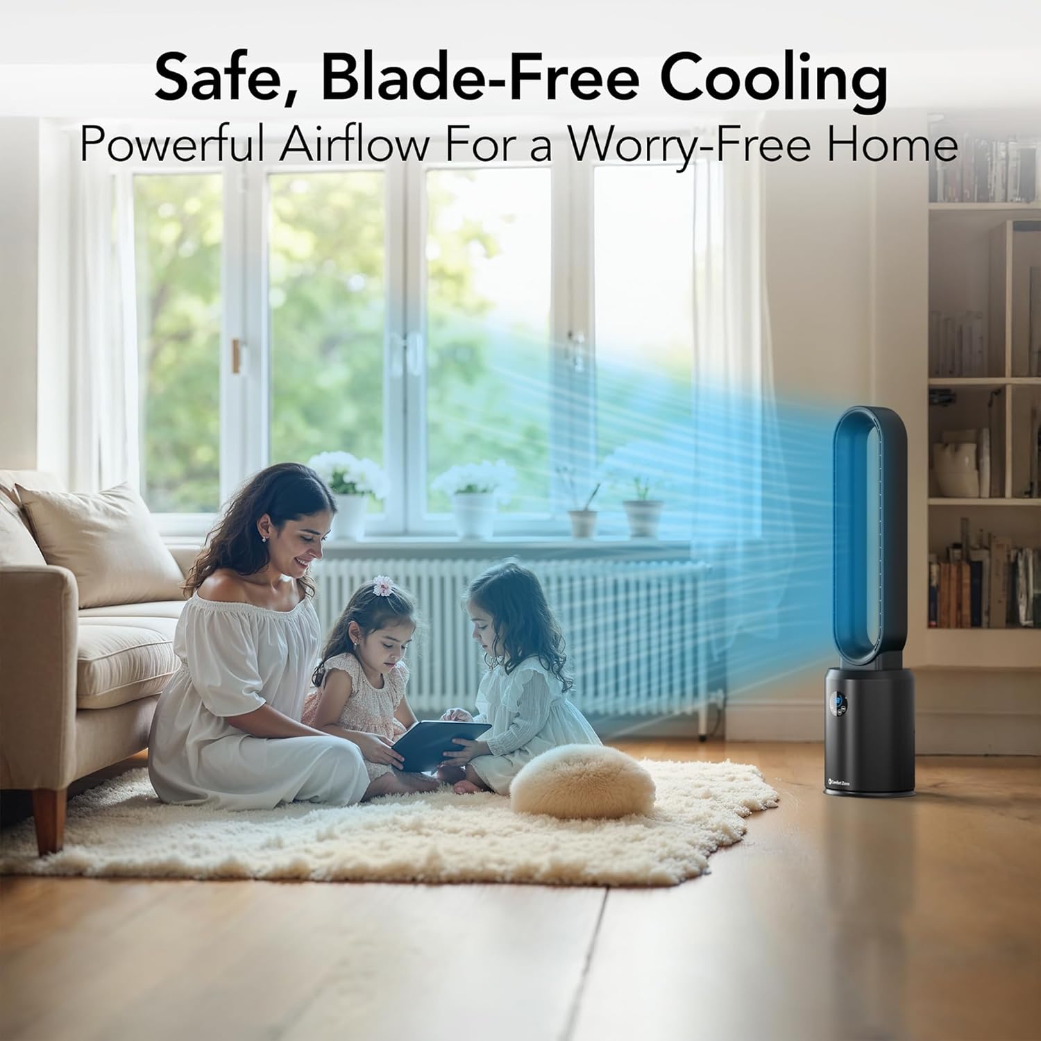 Comfort Zone 40-Inch Bladeless Tower Fan for Bedroom, 3-Speed Stand Fan with Remote Control, 9-Hour Timer, Black