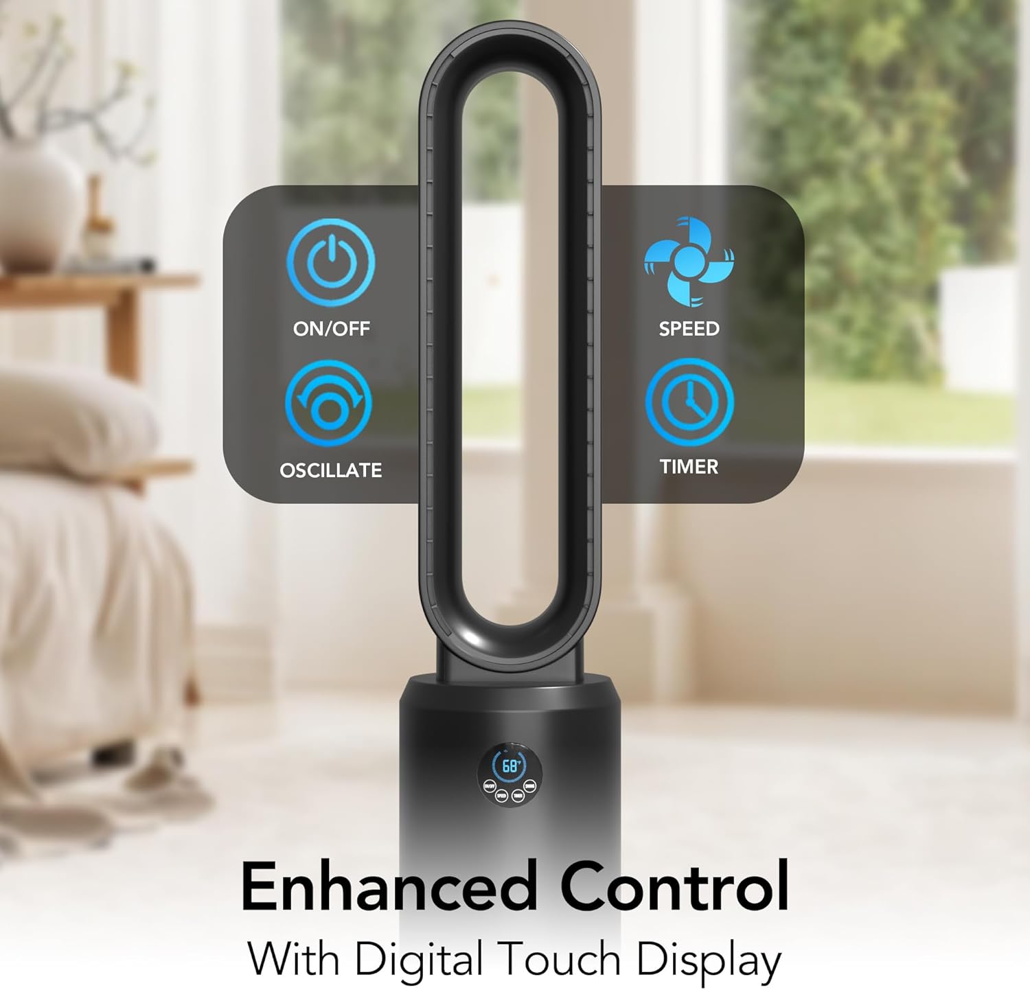 Comfort Zone 40-Inch Bladeless Tower Fan for Bedroom, 3-Speed Stand Fan with Remote Control, 9-Hour Timer, Black
