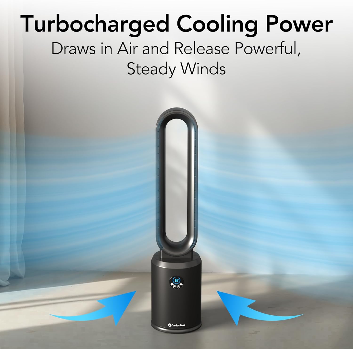 Comfort Zone 40-Inch Bladeless Tower Fan for Bedroom, 3-Speed Stand Fan with Remote Control, 9-Hour Timer, Black