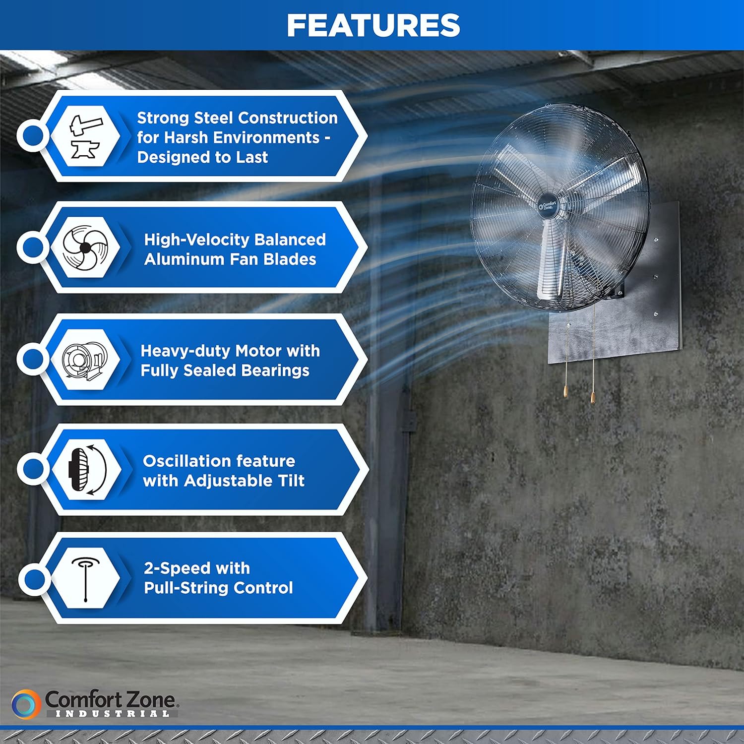 Comfort Zone Oscillating High Velocity Industrial Wall Fan, 30 inch, 2 Speed, All Metal, Adjustable Angle & Tilt