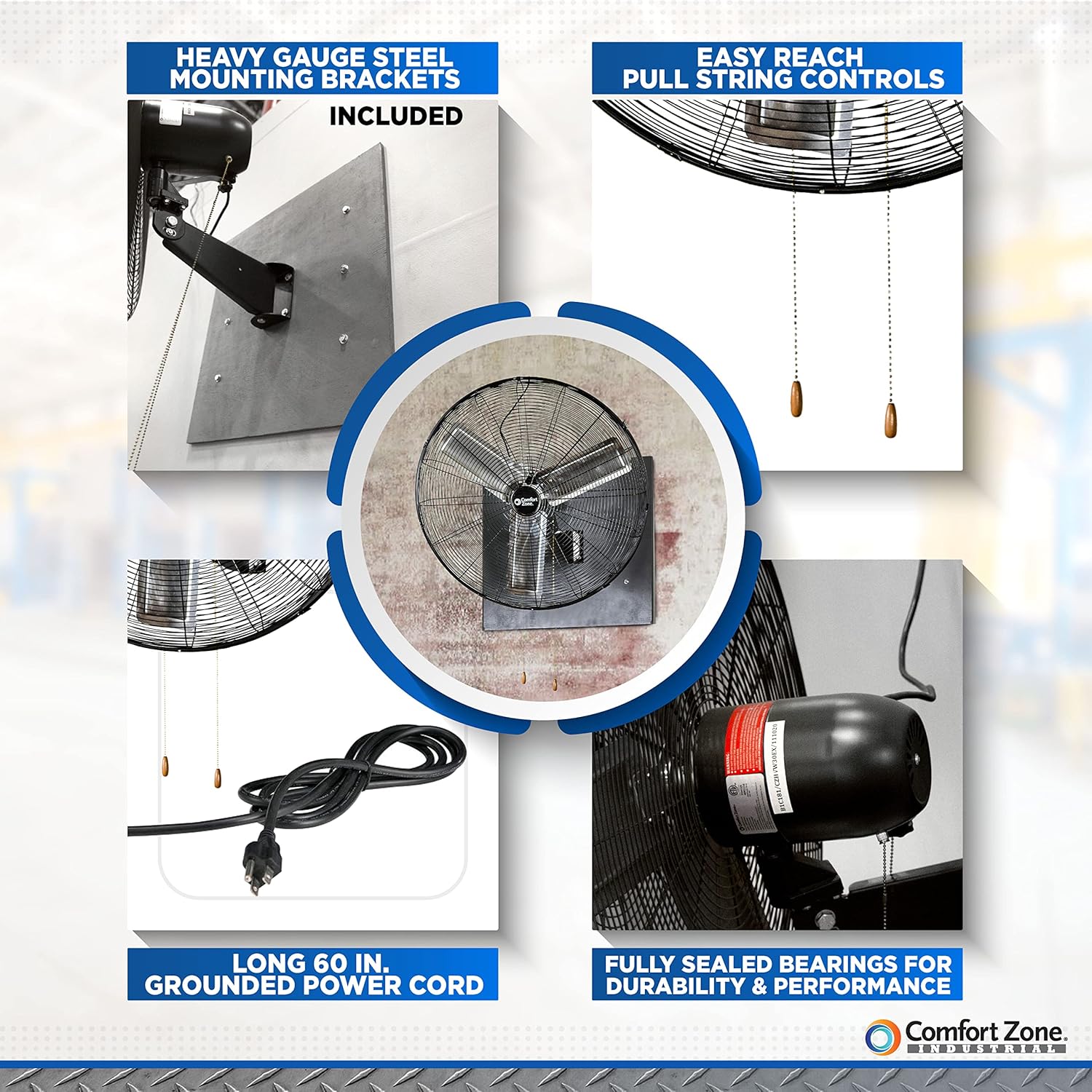 Comfort Zone Oscillating High Velocity Industrial Wall Fan, 30 inch, 2 Speed, All Metal, Adjustable Angle & Tilt