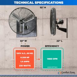 Comfort Zone Oscillating High Velocity Industrial Wall Fan, 30 inch, 2 Speed, All Metal, Adjustable Angle & Tilt
