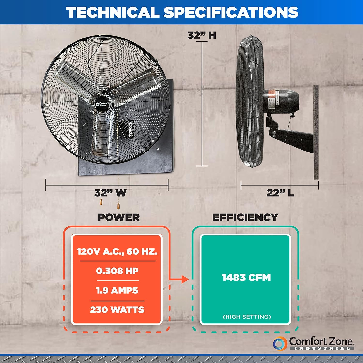 Comfort Zone Oscillating High Velocity Industrial Wall Fan, 30 inch, 2 Speed, All Metal, Adjustable Angle & Tilt