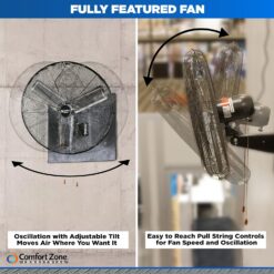 Comfort Zone Oscillating High Velocity Industrial Wall Fan, 30 inch, 2 Speed, All Metal, Adjustable Angle & Tilt