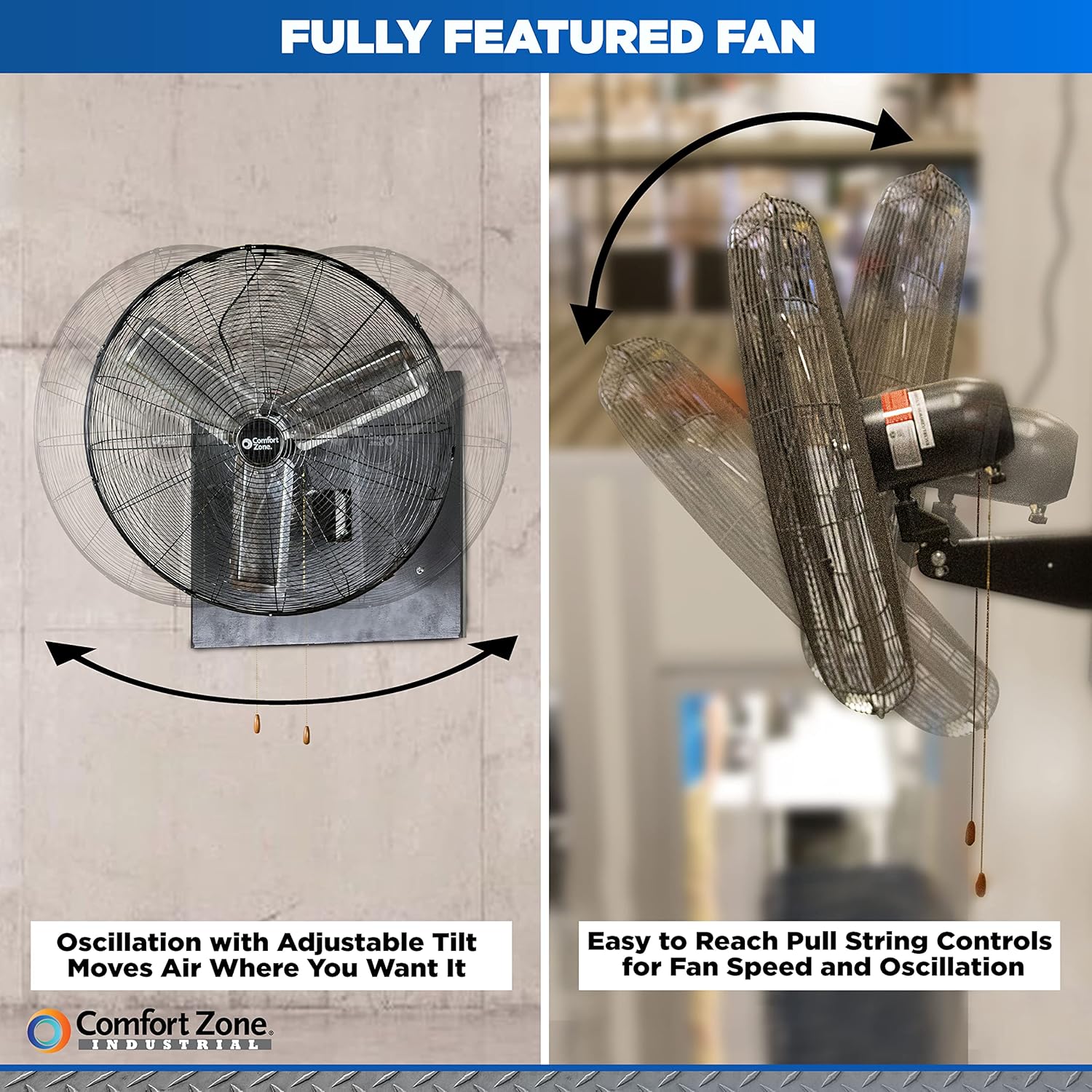 Comfort Zone Oscillating High Velocity Industrial Wall Fan, 30 inch, 2 Speed, All Metal, Adjustable Angle & Tilt