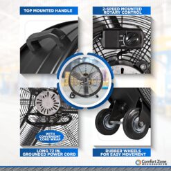 Comfort Zone CMC30 30” High-Velocity 2-Speed Direct-Drive Industrial Drum Fan, All-Metal Construction, Rubber Wheels, Easy to Grab Handle, & Balanced Aluminum Blades, Black