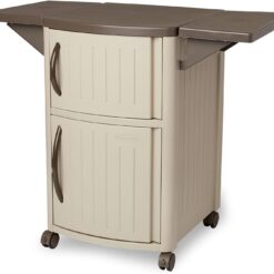 Suncast Serving Station Patio Cabinet, Portable Grill Prep Table, Light Taupe & Mocha