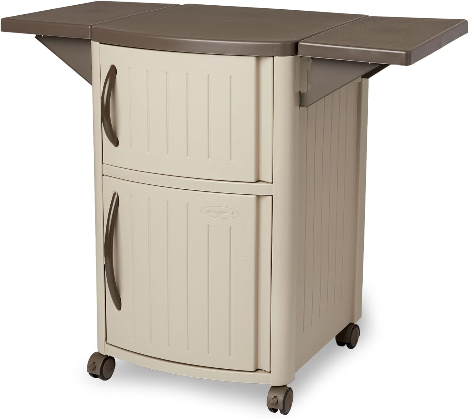 Suncast Serving Station Patio Cabinet, Portable Grill Prep Table, Light Taupe & Mocha