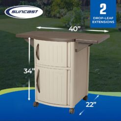 Suncast Serving Station Patio Cabinet, Portable Grill Prep Table, Light Taupe & Mocha
