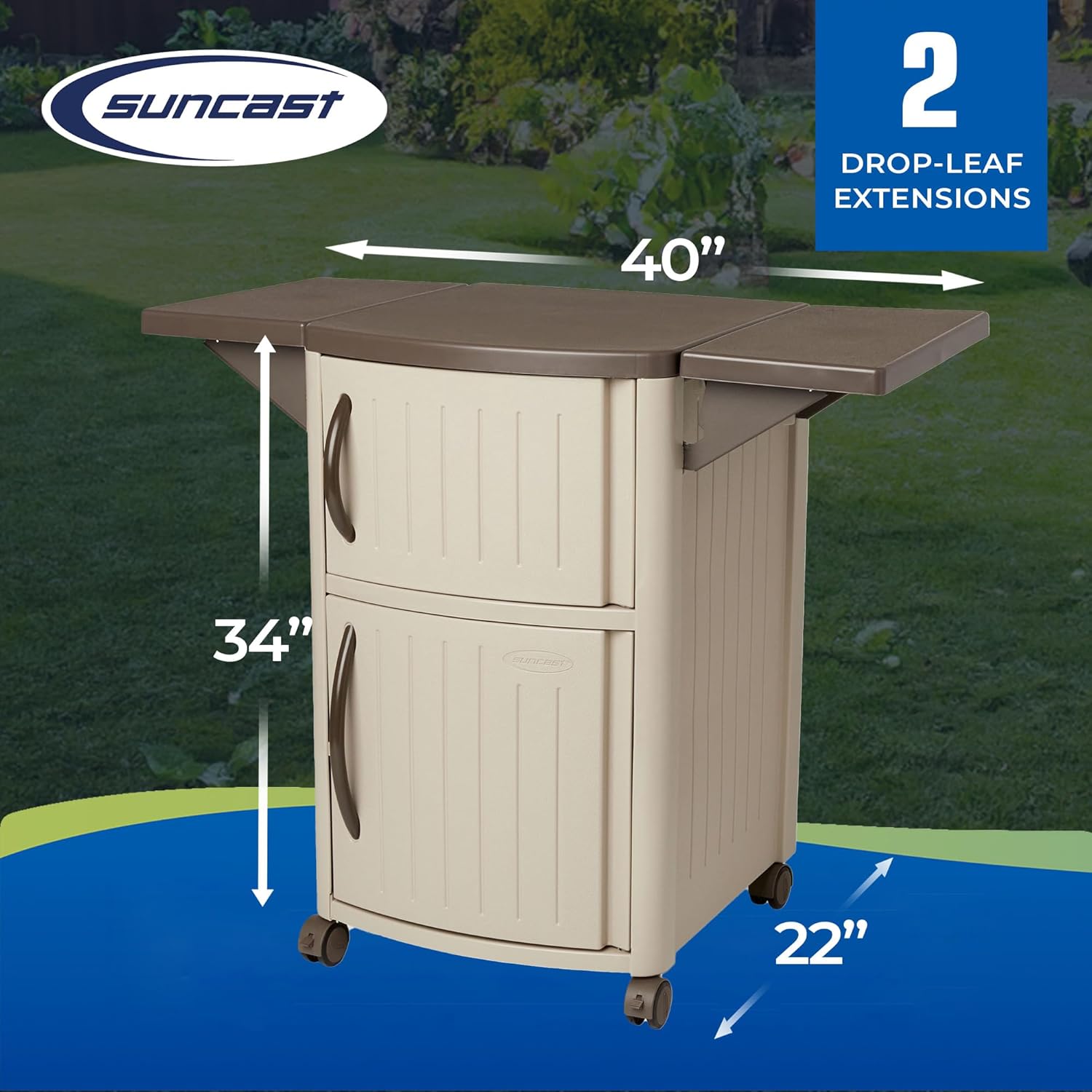 Suncast Serving Station Patio Cabinet, Portable Grill Prep Table, Light Taupe & Mocha