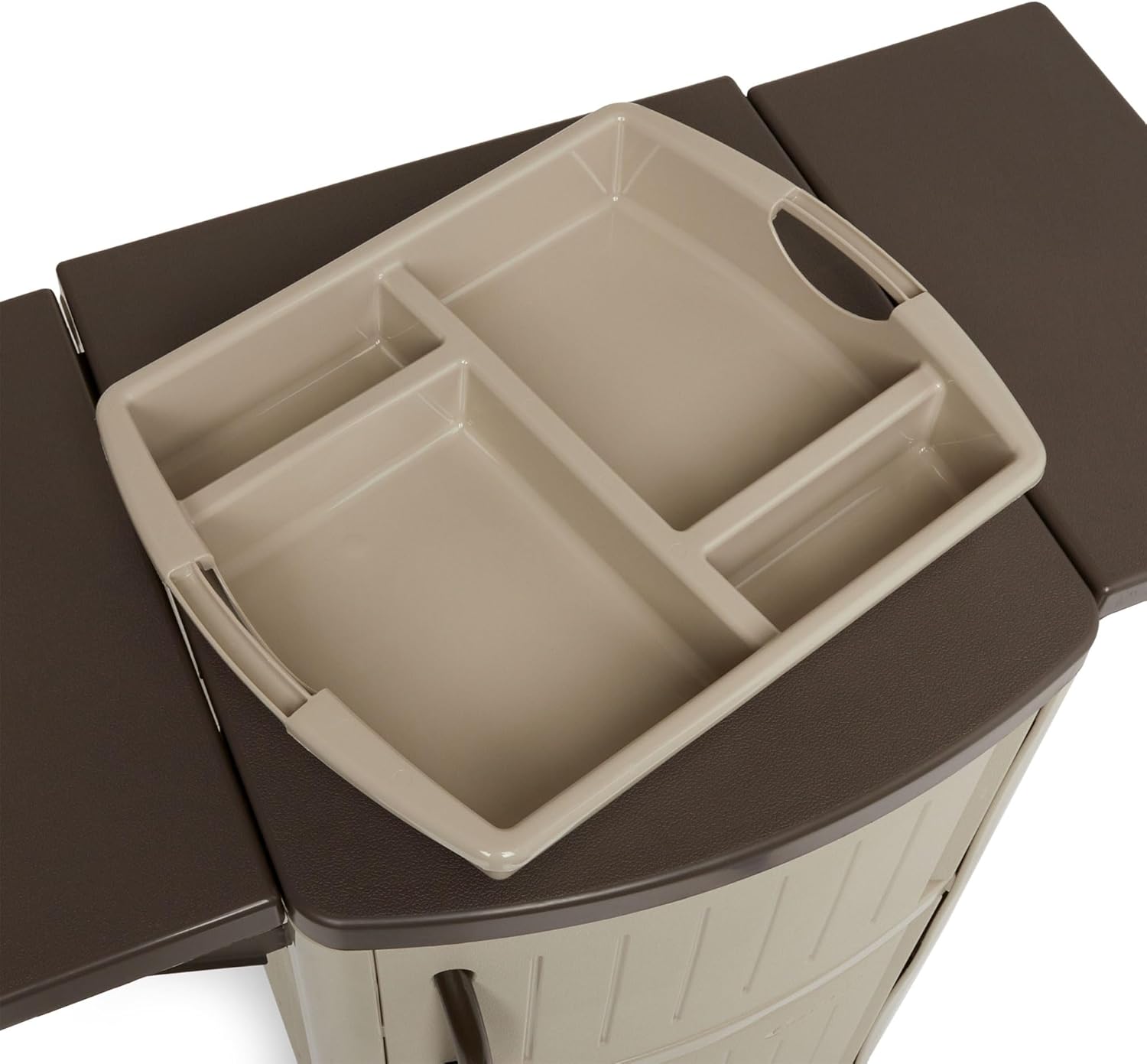 Suncast Serving Station Patio Cabinet, Portable Grill Prep Table, Light Taupe & Mocha