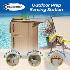Suncast Serving Station Patio Cabinet, Portable Grill Prep Table, Light Taupe & Mocha