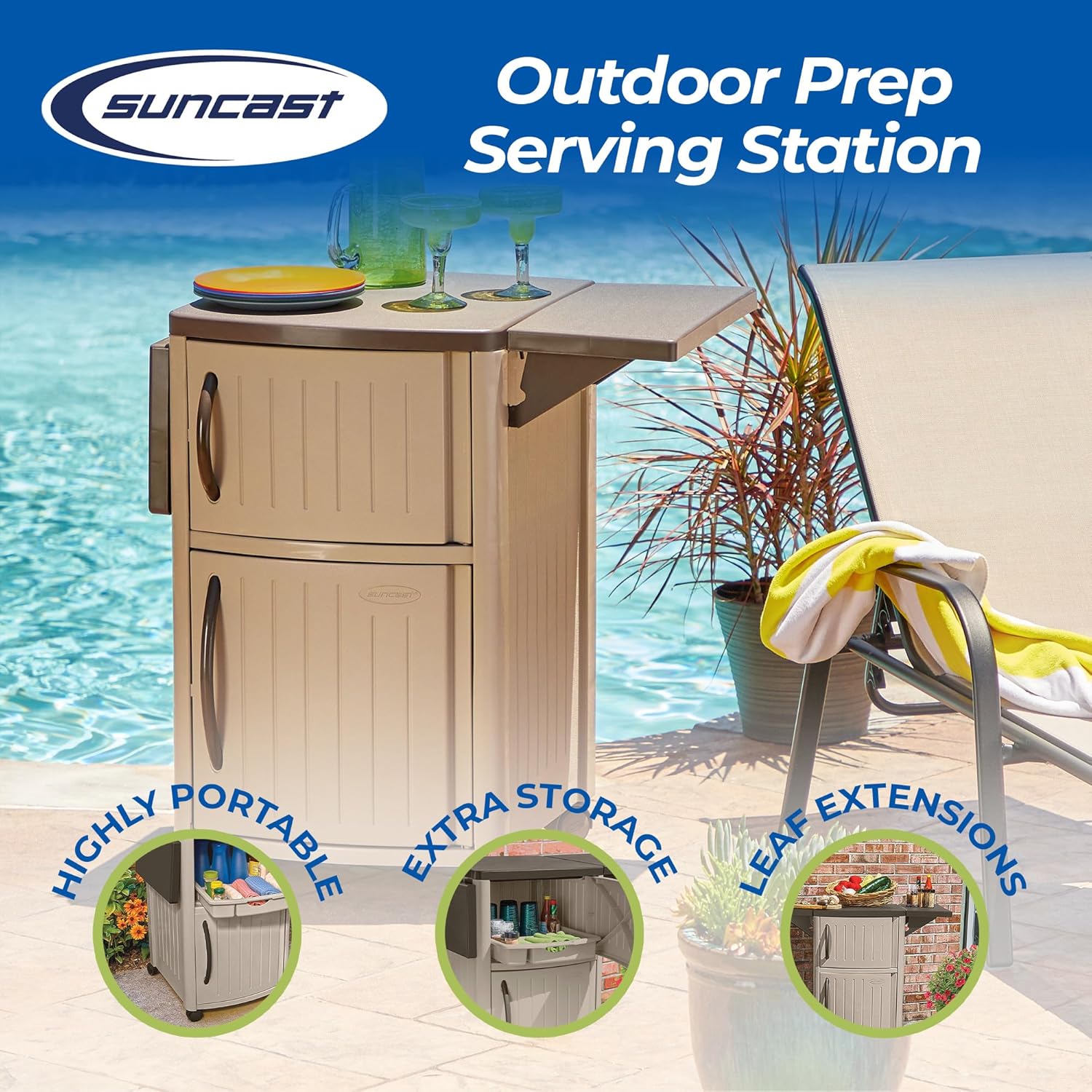 Suncast Serving Station Patio Cabinet, Portable Grill Prep Table, Light Taupe & Mocha