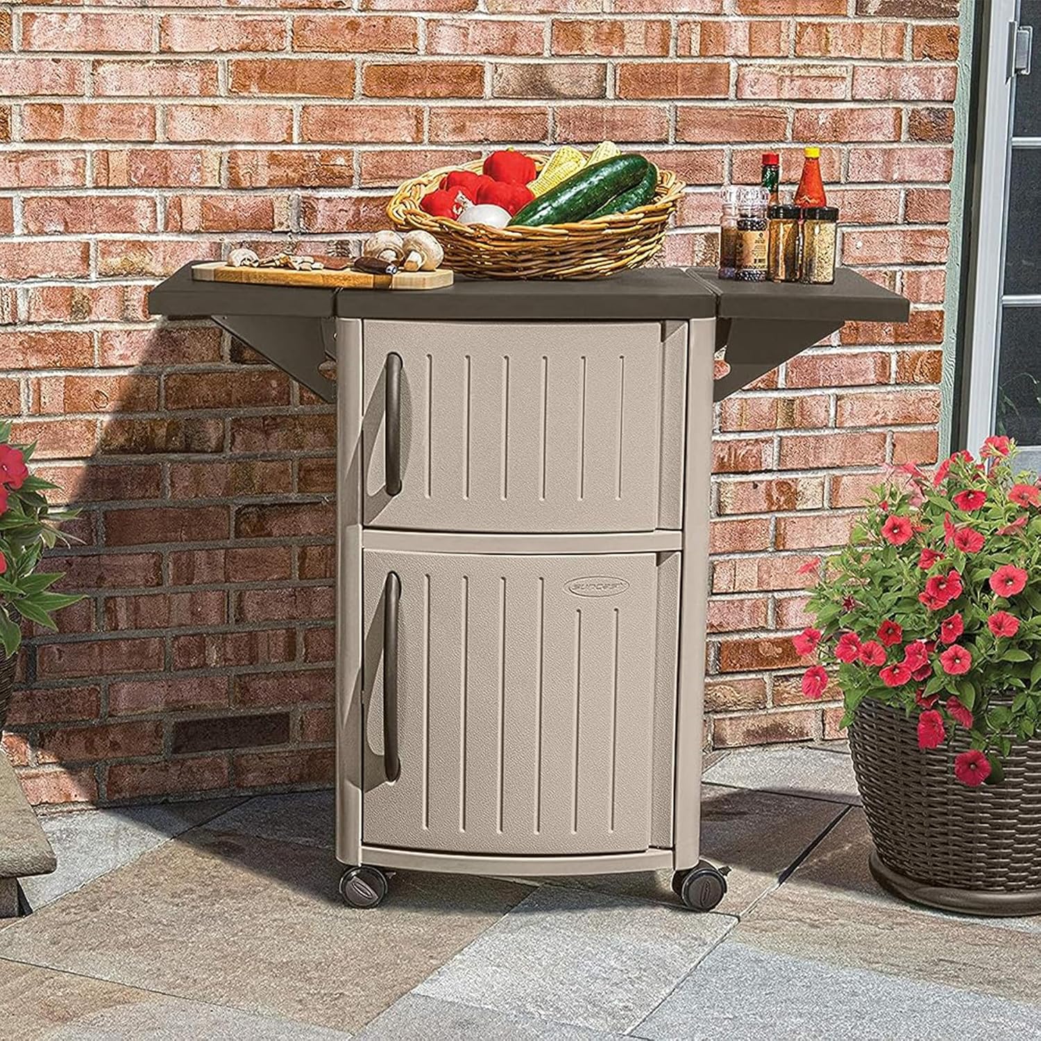 Suncast Serving Station Patio Cabinet, Portable Grill Prep Table, Light Taupe & Mocha