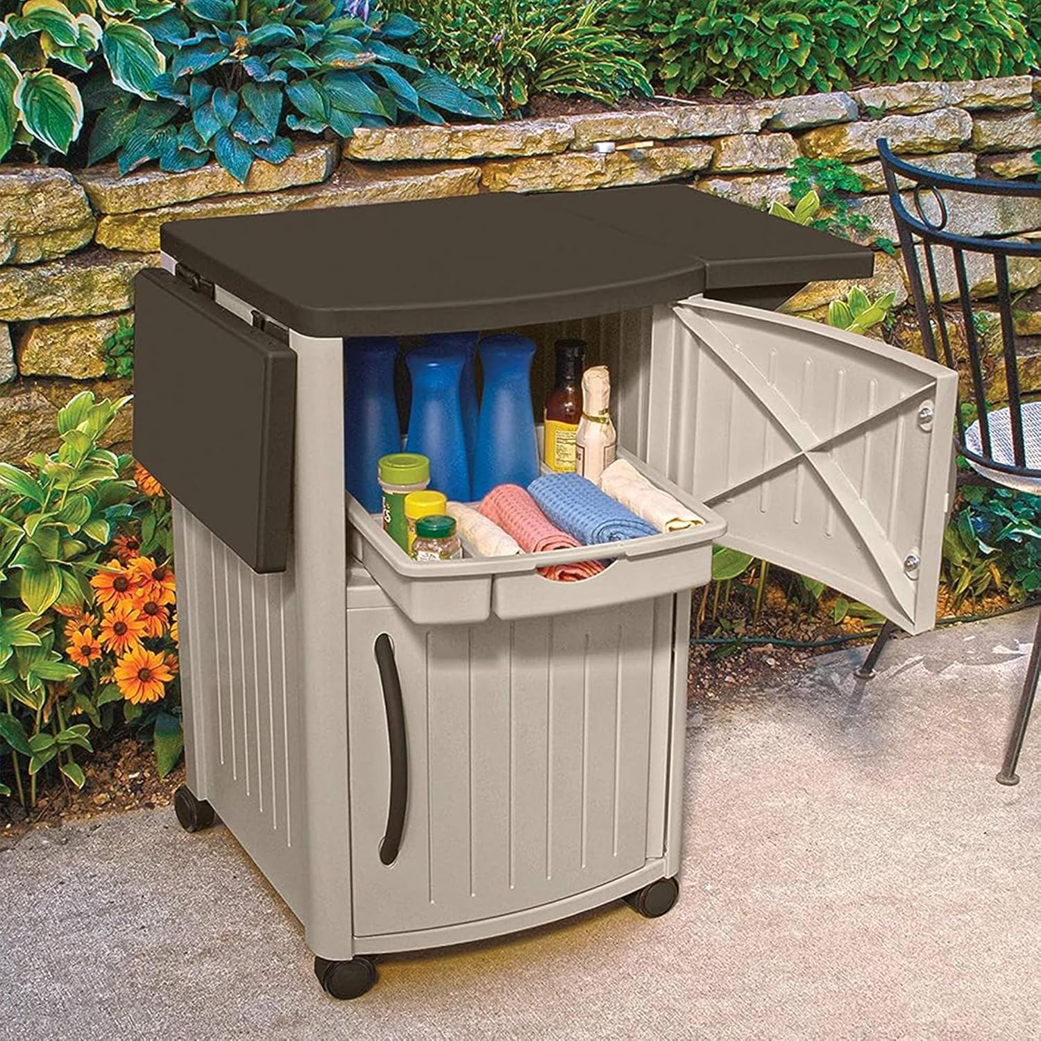 Suncast Serving Station Patio Cabinet, Portable Grill Prep Table, Light Taupe & Mocha
