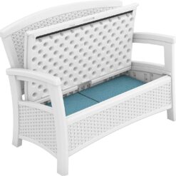 Suncast Elements Stylish Lightweight Loveseat Outdoor Seating with Convenient Built In Universal Storage, and All Weather Plastic, White
