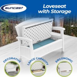 Suncast Elements Stylish Lightweight Loveseat Outdoor Seating with Convenient Built In Universal Storage, and All Weather Plastic, White
