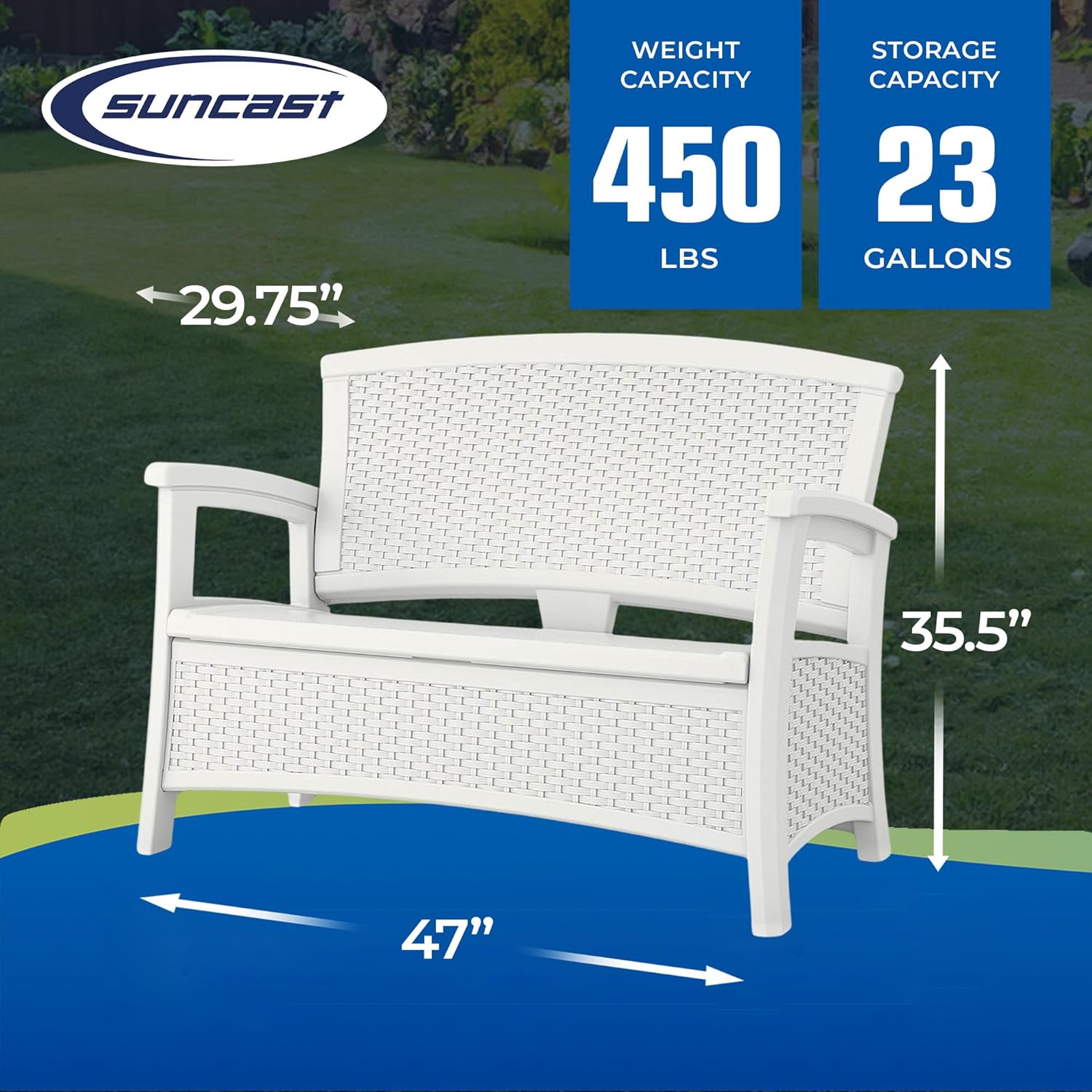 Suncast Elements Stylish Lightweight Loveseat Outdoor Seating with Convenient Built In Universal Storage, and All Weather Plastic, White