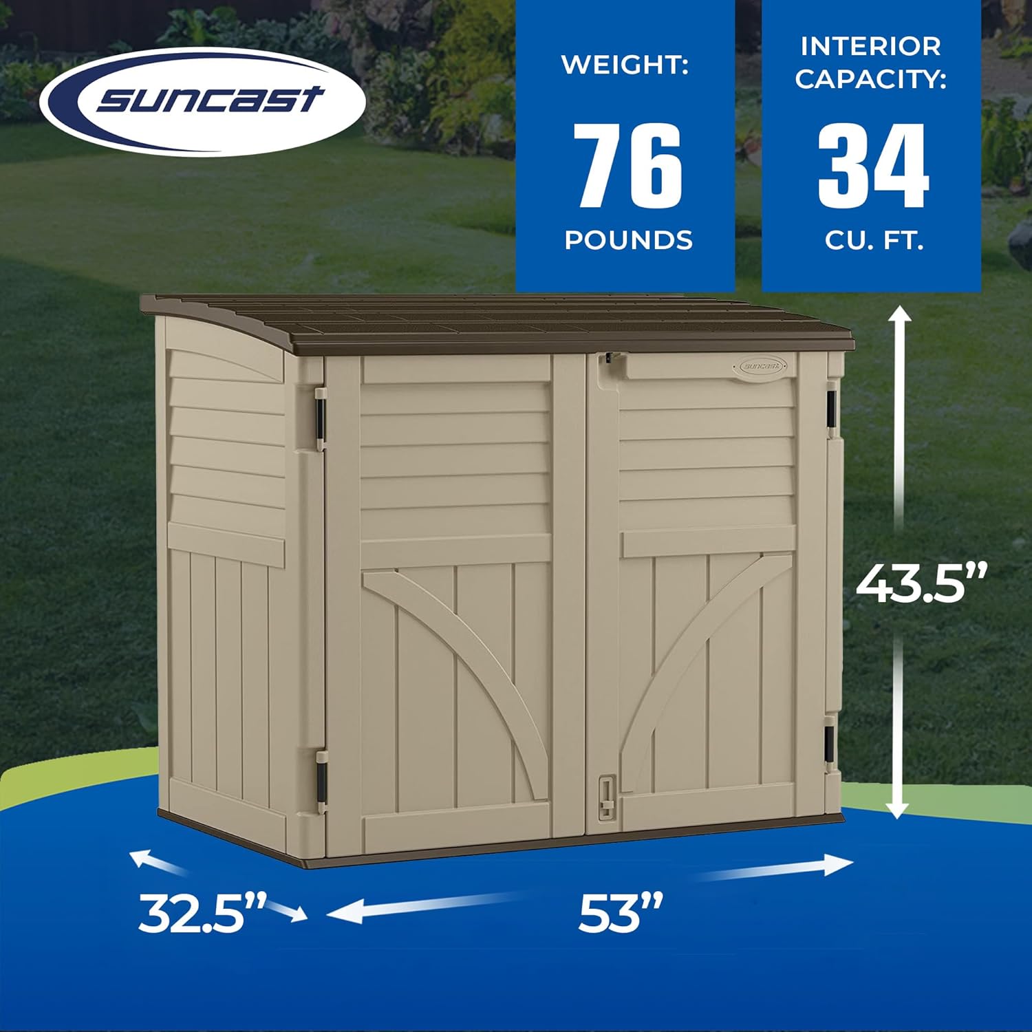 Suncast Horizontal Shed, Compact Outdoor Storage System, 34 Cu. Ft. Capacity, Sand & Slate