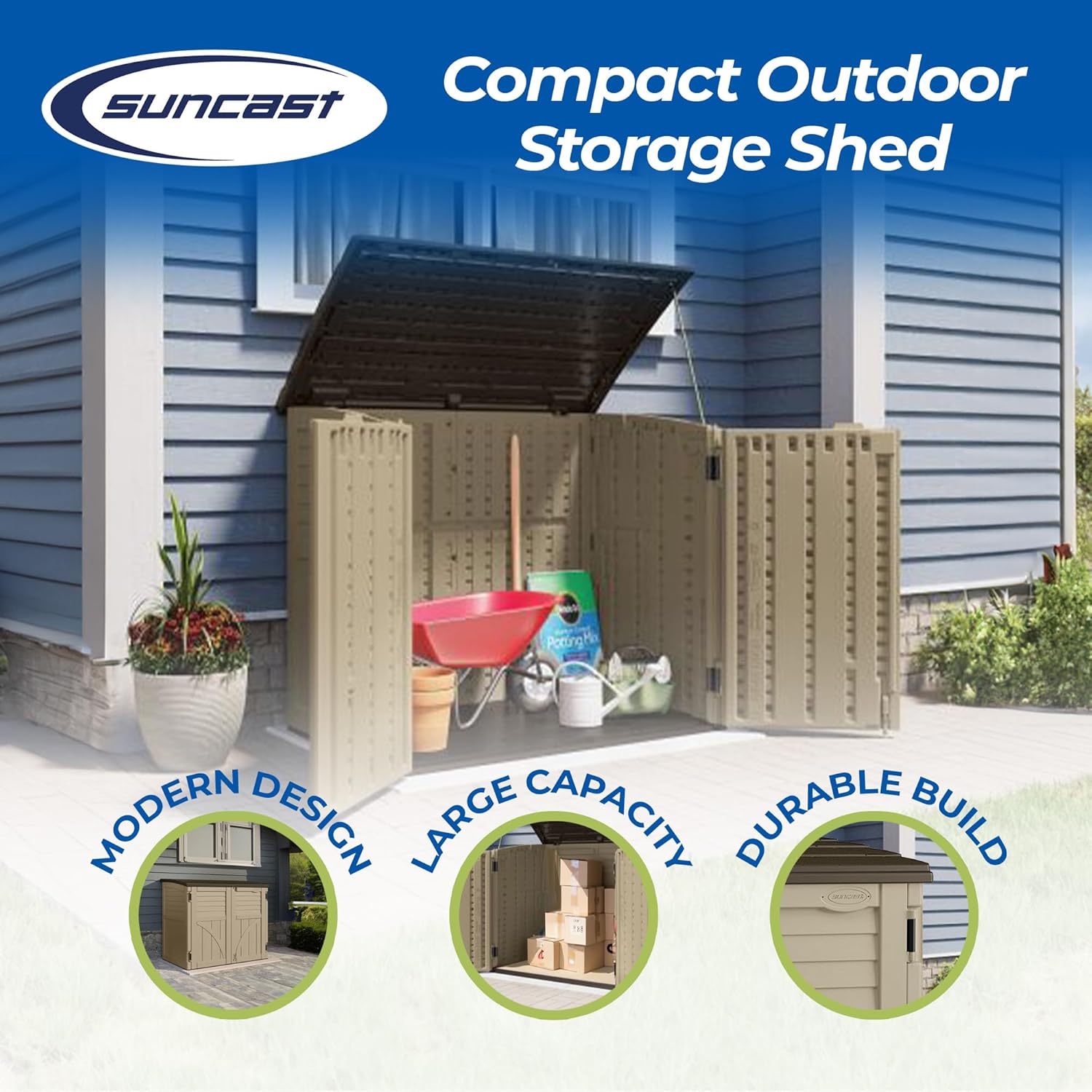 Suncast Horizontal Shed, Compact Outdoor Storage System, 34 Cu. Ft. Capacity, Sand & Slate