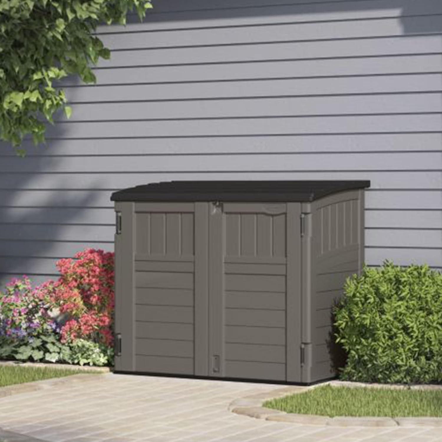 Suncast 34 Cu Ft Horizontal Resin Storage Shed - Outdoor Storage Shed with Floor Included, Lockable, Weatherproof, Stoney Black