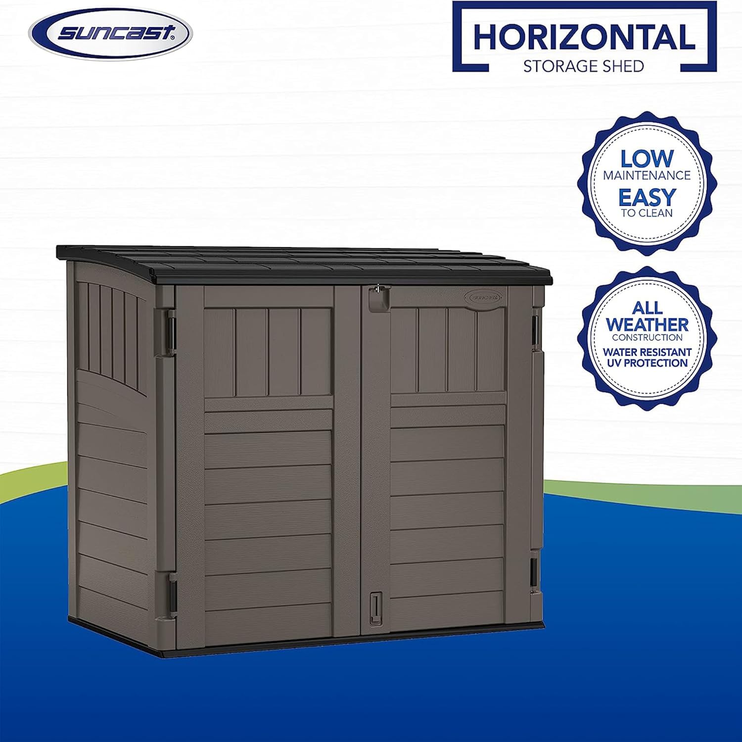 Suncast 34 Cu Ft Horizontal Resin Storage Shed - Outdoor Storage Shed with Floor Included, Lockable, Weatherproof, Stoney Black