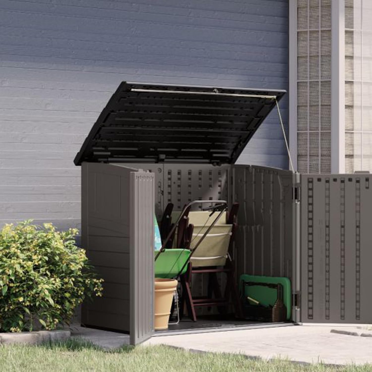 Suncast 34 Cu Ft Horizontal Resin Storage Shed - Outdoor Storage Shed with Floor Included, Lockable, Weatherproof, Stoney Black