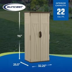 Suncast Vertical Shed, Compact Outdoor Storage System, 22 Cu. Ft. Capacity, Sand & Mustang
