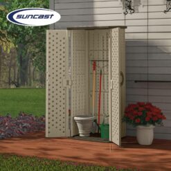 Suncast Vertical Shed, Compact Outdoor Storage System, 22 Cu. Ft. Capacity, Sand & Mustang