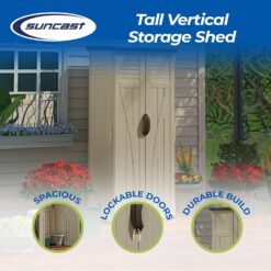 Suncast Vertical Shed, Compact Outdoor Storage System, 22 Cu. Ft. Capacity, Sand & Mustang