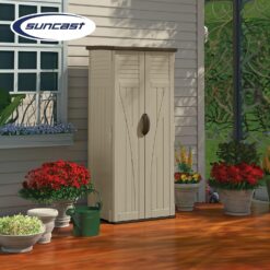 Suncast Vertical Shed, Compact Outdoor Storage System, 22 Cu. Ft. Capacity, Sand & Mustang