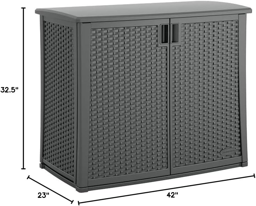 Suncast Resin Outdoor Storage Cabinet, Cool Gray Wicker Resin Outdoor Cabinet, Weatherproof, Lockable Outside Storage