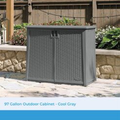 Suncast Resin Outdoor Storage Cabinet, Cool Gray Wicker Resin Outdoor Cabinet, Weatherproof, Lockable Outside Storage