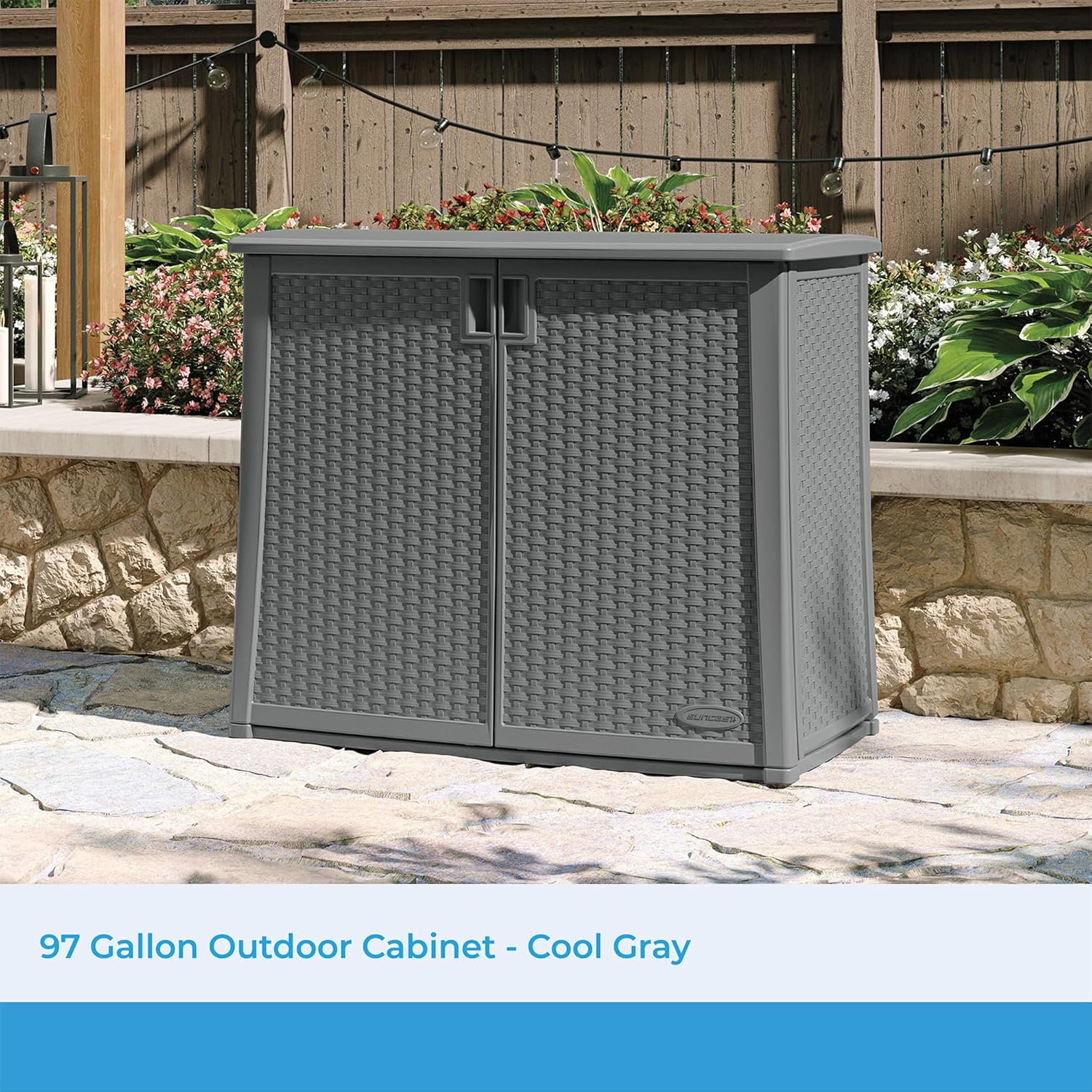 Suncast Resin Outdoor Storage Cabinet, Cool Gray Wicker Resin Outdoor Cabinet, Weatherproof, Lockable Outside Storage